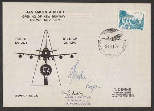 AVIATION 1982 KEMPAIR FLIGHT COVER  #1.29 - OPENING OF NEW RUNWAY JAN SMUTS AIRPORT SIGNED CAPT