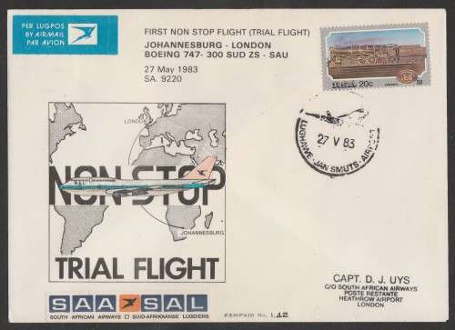 AVIATION 1983 KEMPAIR FLIGHT COVER  #1.42 - SAA FIRST NON STOP TRIAL FLIGHT JHB - LDN BOEING 747-300