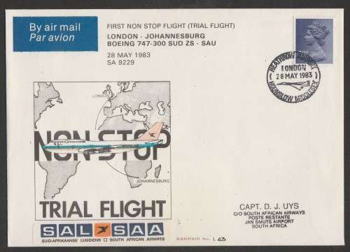 AVIATION 1983 KEMPAIR FLIGHT COVER  #1.43 - SAA FIRST NON STOP TRIAL FLIGHT LDN - JHB BOEING 747-300