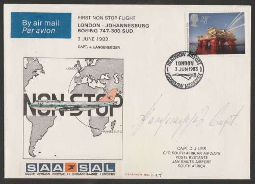 AVIATION 1983 KEMPAIR FLIGHT COVER  #1.47 - SAA FIRST NON STOP LDN - JHB BOEING 747-300 SIGNED CAPT