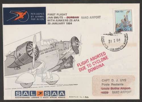 AVIATION 1984 KEMPAIR FLIGHT COVER  #1.53 - 1ST SAA FLIGHT JAN SMUTS - DBN WITH JUNKERS ZS AJA