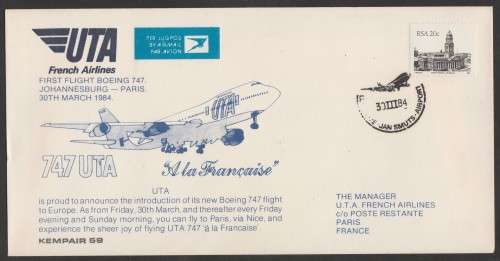AVIATION 1984 KEMPAIR FLIGHT COVER  #1.59 - UTA 1ST FLIGHT BOEING 747 JHB - PARIS