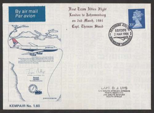 AVIATION 1984 KEMPAIR FLIGHT COVER  #1.60 - BRITISH AIRWAYS 1ST TRANS AFRICA FLIGHT LDN - JHB