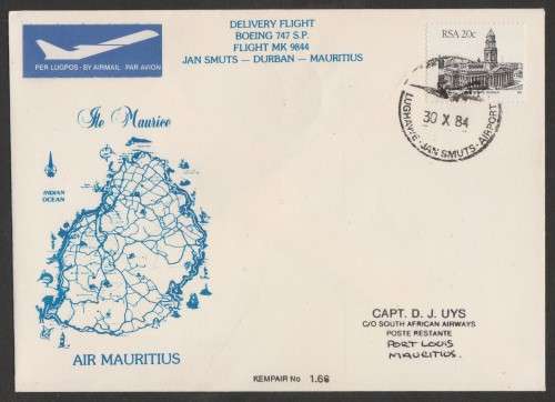 AVIATION 1984 KEMPAIR FLIGHT COVER  #1.66 - DELIVERY FLIGHT BOEING 747SP JHB - DBN - MAURITIUS