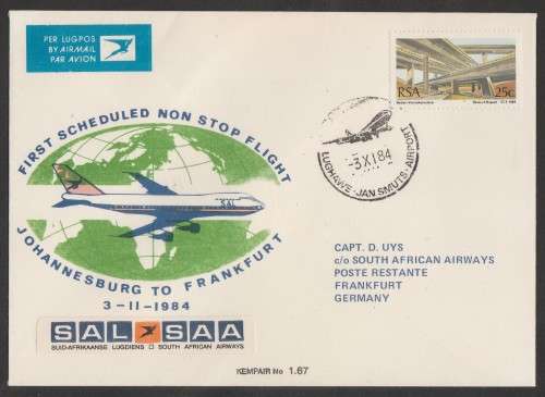 AVIATION 1984 KEMPAIR FLIGHT COVER  #1.67 - SAA 1ST SCHEDULED NON STOP FLIGHT JHB - FRANKFURT
