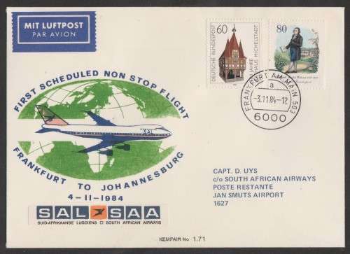 AVIATION 1984 KEMPAIR FLIGHT COVER  #1.71 - SAA 1ST SCHEDULED NON STOP FLIGHT FRANKFURT - JHB