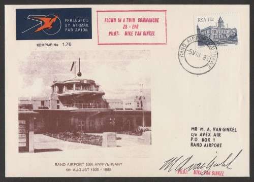 AVIATION 1985 KEMPAIR FLIGHT COVER  #1.76 -RAND AIRPORT 50TH ANNIV FLOWN TWIN COMMANCHE SIGNED PILOT