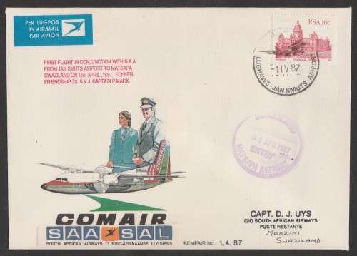 AVIATION 1987 KEMPAIR FLIGHT COVER  #1.4.87 -COMAIR 1ST FLIGHT IN CONJUNCTION WITH SAA JHB - MATSAPA