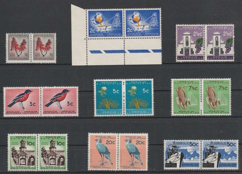 RSA 1961/63 1ST DEFINITIVE BASIC SET OF 9 MNH PAIRS NO WMK UNCOATED PAPER