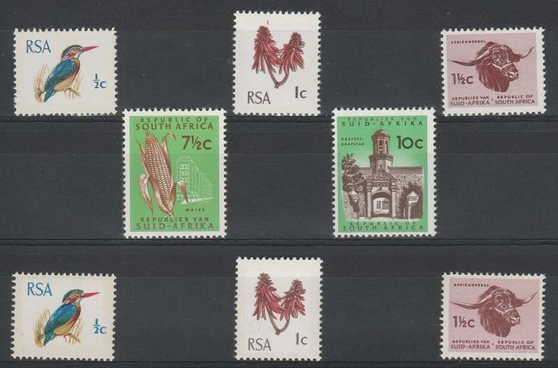 RSA 1969/72 1ST DEF SET OF 8 MNH SINGLES RSA TB WMK 5MM PHOSPHOR BANDS SWISS AND HARRISON PAPER
