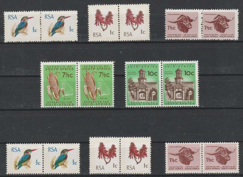 RSA 1969/72 1ST DEF SET OF 8 MNH PAIRS RSA TB WMK 5MM PHOSPHOR BANDS SWISS AND HARRISON PAPER