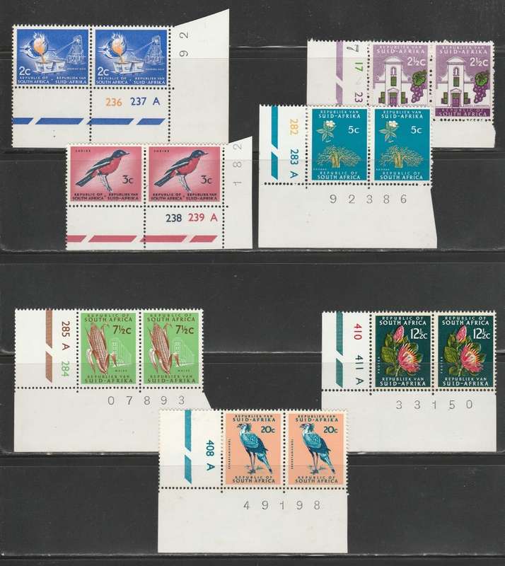 RSA 1969/72 1ST DEF SET OF 7 MNH PAIRS RSA TB WMK 3MM PHOSPHOR BANDS SWISS PAPER