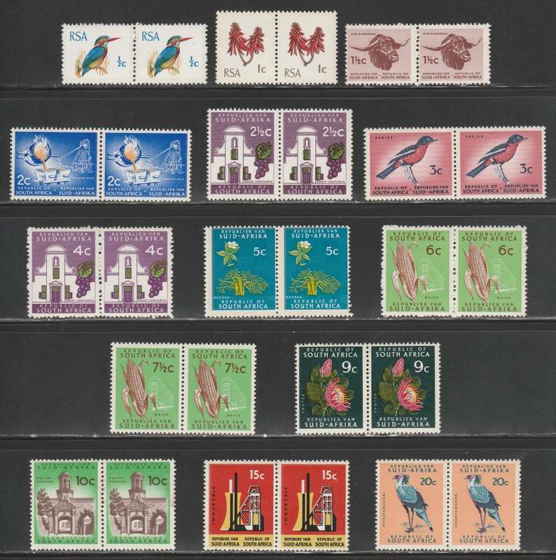 RSA 1969/72 1ST DEF SET OF 14 MNH PAIRS RSA TB WMK 3MM PHOSPHOR BANDS HARRISON PAPER