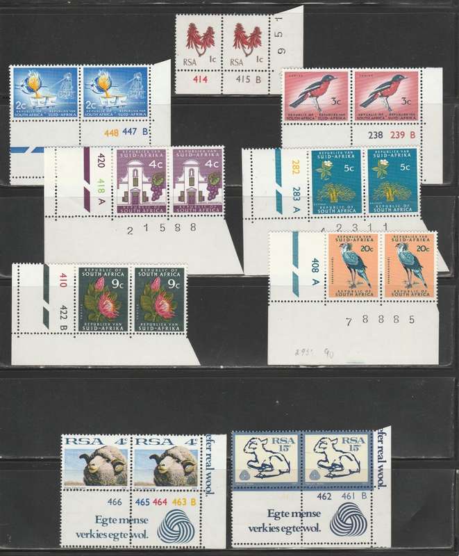 RSA 1971/72 1ST DEF SET OF 9 MNH PAIRS RSA TB WMK PHOSPHOR PAPER PERF 14