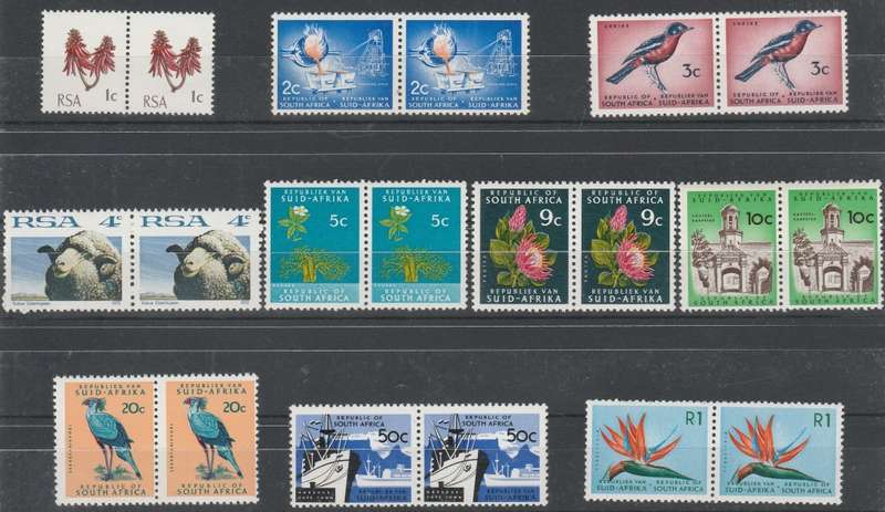 RSA 1972/74 1ST DEF SET OF 10 MNH PAIRS NO WMK PHOSPHOR GLOSSY PAPER PERF 12 1/2