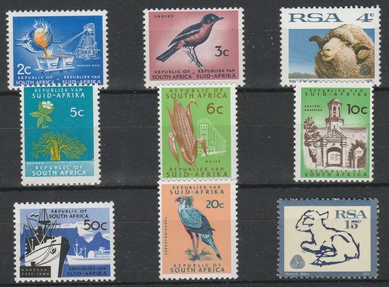 RSA 1972/74 1ST DEF SET OF 9 MNH SINGLES NO WMK PHOSPHOR CHALKY PAPER PERF 12 1/2