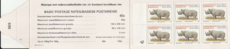 RSA 1993 RHINO BOOKLET WITH MNH LATIN COATED STAMPS FULLY PERFED FLAP 93/3 STATION 1 BY PRINTPAK