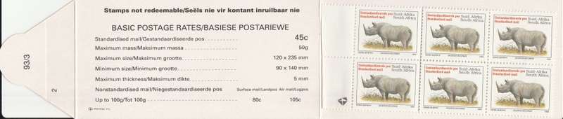 RSA 1993 RHINO BOOKLET WITH MNH LATIN COATED STAMPS FULLY PERFED FLAP 93/3 STATION 2 BY PRINTPAK