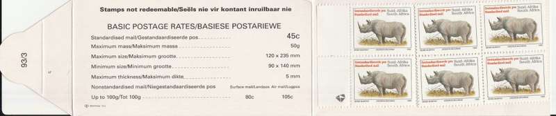 RSA 1993 RHINO BOOKLET WITH MNH LATIN COATED STAMPS FULLY PERFED FLAP 93/3 STATION 5 BY PRINTPAK