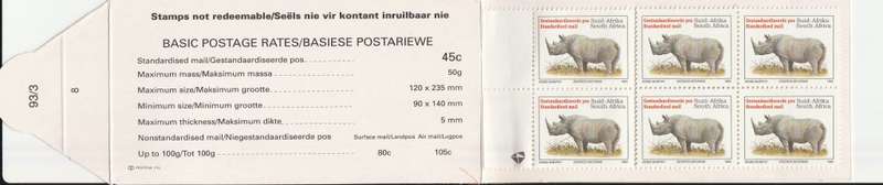 RSA 1993 RHINO BOOKLET WITH MNH LATIN COATED STAMPS FULLY PERFED FLAP 93/3 STATION 8 BY PRINTPAK