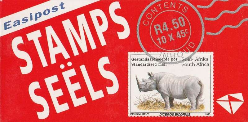 RSA 1993 RHINO BOOKLET WITH MNH LATIN COATED STAMPS FULLY PERFED FLAP 93/3 STATION 9 BY PRINTPAK