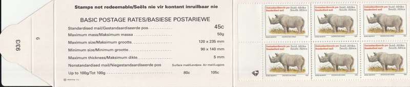 RSA 1993 RHINO BOOKLET WITH MNH LATIN COATED STAMPS FULLY PERFED FLAP 93/3 STATION 9 BY PRINTPAK