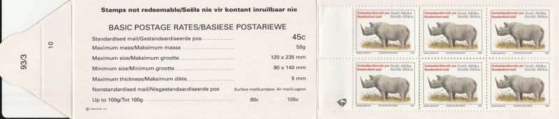 RSA 1993 RHINO BOOKLET WITH MNH LATIN COATED STAMPS FULLY PERFED FLAP 93/3 STATION 10 BY PRINTPAK