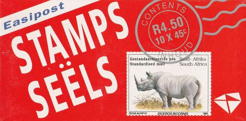 RSA 1993 RHINO BOOKLET WITH MNH LATIN COATED STAMPS FULLY PERFED FLAP 93/3 STATION 11 BY PRINTPAK