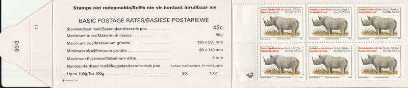 RSA 1993 RHINO BOOKLET WITH MNH LATIN COATED STAMPS FULLY PERFED FLAP 93/3 STATION 11 BY PRINTPAK