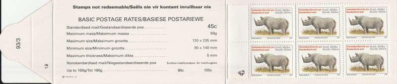 RSA 1993 RHINO BOOKLET WITH MNH LATIN COATED STAMPS FULLY PERFED FLAP 93/3 STATION 13 BY PRINTPAK