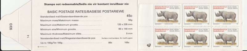 RSA 1993 RHINO BOOKLET WITH MNH LATIN COATED STAMPS FULLY PERFED FLAP 93/3 STATION 14 BY PRINTPAK