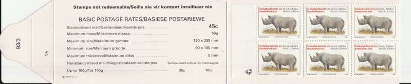 RSA 1993 RHINO BOOKLET WITH MNH LATIN COATED STAMPS FULLY PERFED FLAP 93/3 STATION 15 BY PRINTPAK