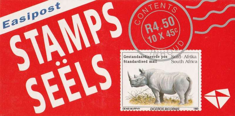 RSA 1993 RHINO BOOKLET WITH MNH LATIN COATED STAMPS FULLY PERFED FLAP 93/3 STATION 17 BY PRINTPAK