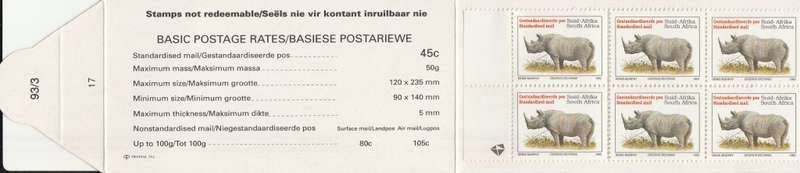 RSA 1993 RHINO BOOKLET WITH MNH LATIN COATED STAMPS FULLY PERFED FLAP 93/3 STATION 17 BY PRINTPAK