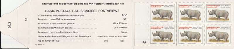 RSA 1993 RHINO BOOKLET WITH MNH LATIN COATED STAMPS FULLY PERFED FLAP 93/3 STATION 18 BY PRINTPAK