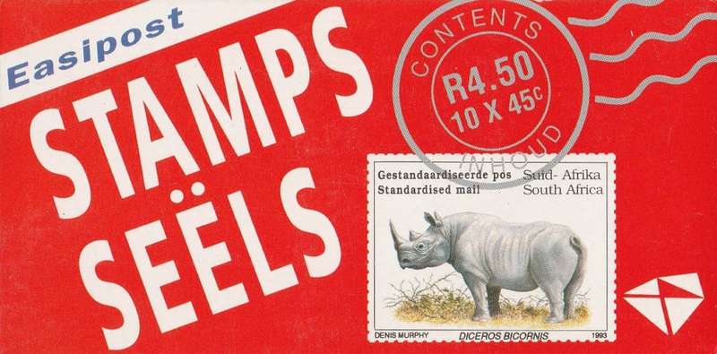 RSA 1993 RHINO BOOKLET WITH MNH LATIN COATED STAMPS FULLY PERFED FLAP 93/3 STATION 19 BY PRINTPAK