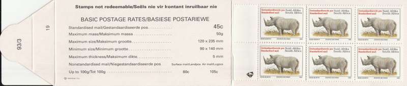 RSA 1993 RHINO BOOKLET WITH MNH LATIN COATED STAMPS FULLY PERFED FLAP 93/3 STATION 19 BY PRINTPAK