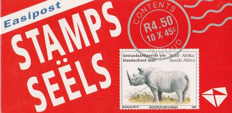 RSA 1993 RHINO BOOKLET WITH MNH LATIN COATED STAMPS FULLY PERFED FLAP 93/3 STATION 23 BY PRINTPAK