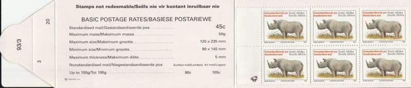 RSA 1993 RHINO BOOKLET WITH MNH LATIN COATED STAMPS FULLY PERFED FLAP 93/3 STATION 23 BY PRINTPAK