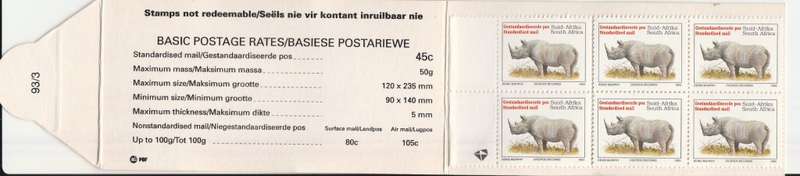 RSA 1993 RHINO BOOKLET WITH MNH LATIN COATED STAMPS FULLY PERFED FLAP 93/3 BY PBF ONLY