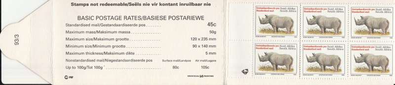 RSA 1993 RHINO BOOKLET WITH MNH LATIN COATED STAMPS FULLY PERFED FLAP 93/3 BY PBF UNIVERSAL