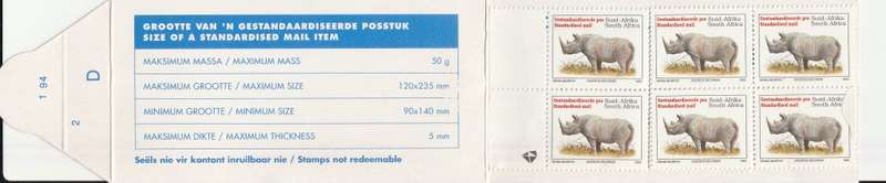 RSA 1994 RHINO BOOKLET LATIN TEXT COATED PAPER MNH STAMPS FULLY PERFED FLAP 1/94 D2