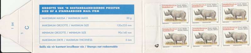 RSA 1994 RHINO BOOKLET LATIN TEXT COATED PAPER MNH STAMPS FULLY PERFED FLAP 1/94 C3