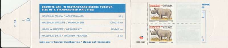 RSA 1994 RHINO BOOKLET ENGLISH TEXT HARRISON PAPER MNH STAMPS GUILLOTINED FLAP 11/94 D7