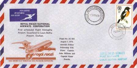 AVIATION 1978 ROYAL SWAZI AIRWAYS FIRST FLIGHT COVER MATSAPHA - LOUIS BOTHA