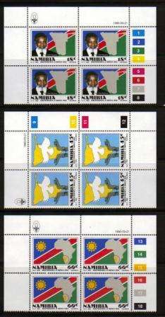 NAMIBIA 1990 INDEPENDENCE SET OF 3 MNH CONTROL BLOCKS OF 4