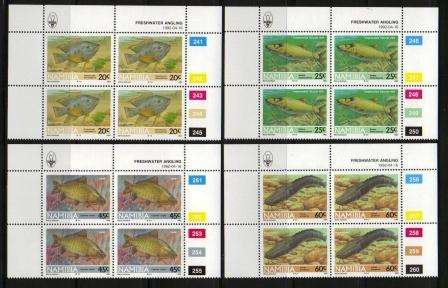 NAMIBIA 1992 FRESHWATER ANGLING SET OF 4 MNH CONTROL BLOCKS OF 4
