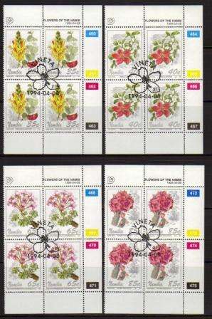 NAMIBIA 1994 FLOWERS SET OF 4 USED (CTO) CONTROL BLOCKS OF 4