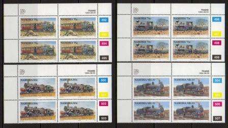 NAMIBIA 1994 STEAM LOCOMOTIVES SET OF 4 MNH CONTROL BLOCKS OF 4