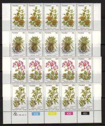 TRANSKEI 1981 MEDICINAL PLANTS SET OF 4 MNH CONTROL STRIPS OF 5